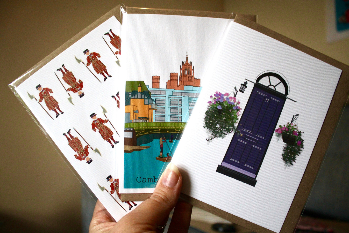 Set of 3 Cambridge & London Inspired Greeting Cards with Kraft Envelopes